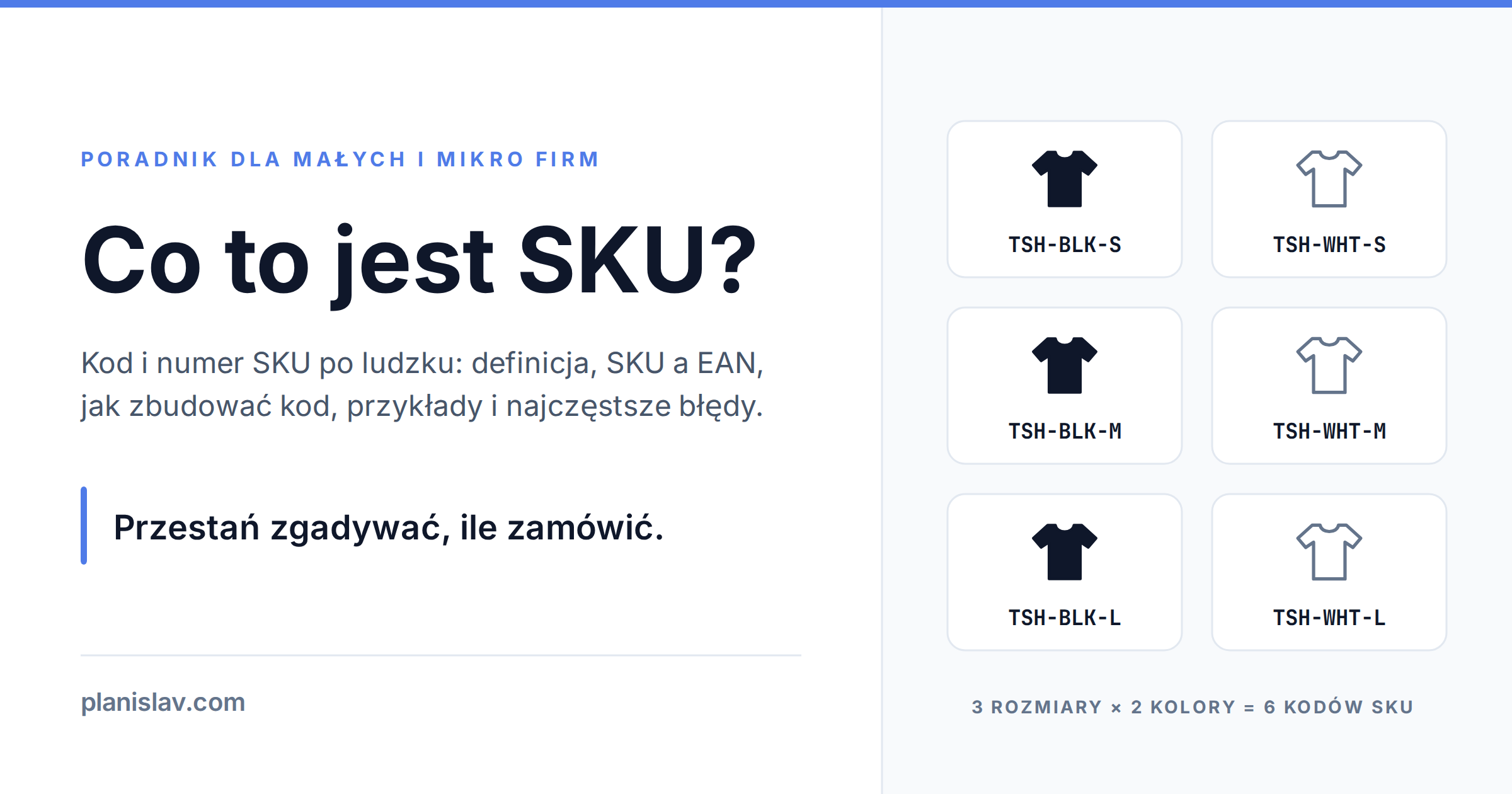 Co to jest SKU — jeden produkt rozbity na sześć kodów SKU (3 rozmiary × 2 kolory)